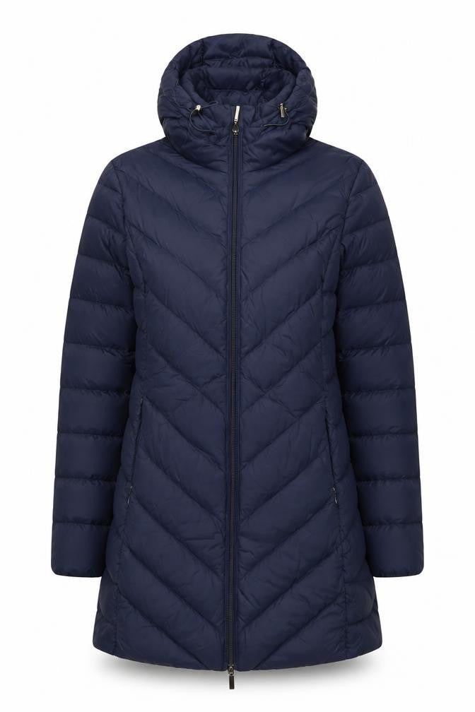 Front view of David Barry Women’s Blue Long Hooded Down Puffer Coat, size UK 12