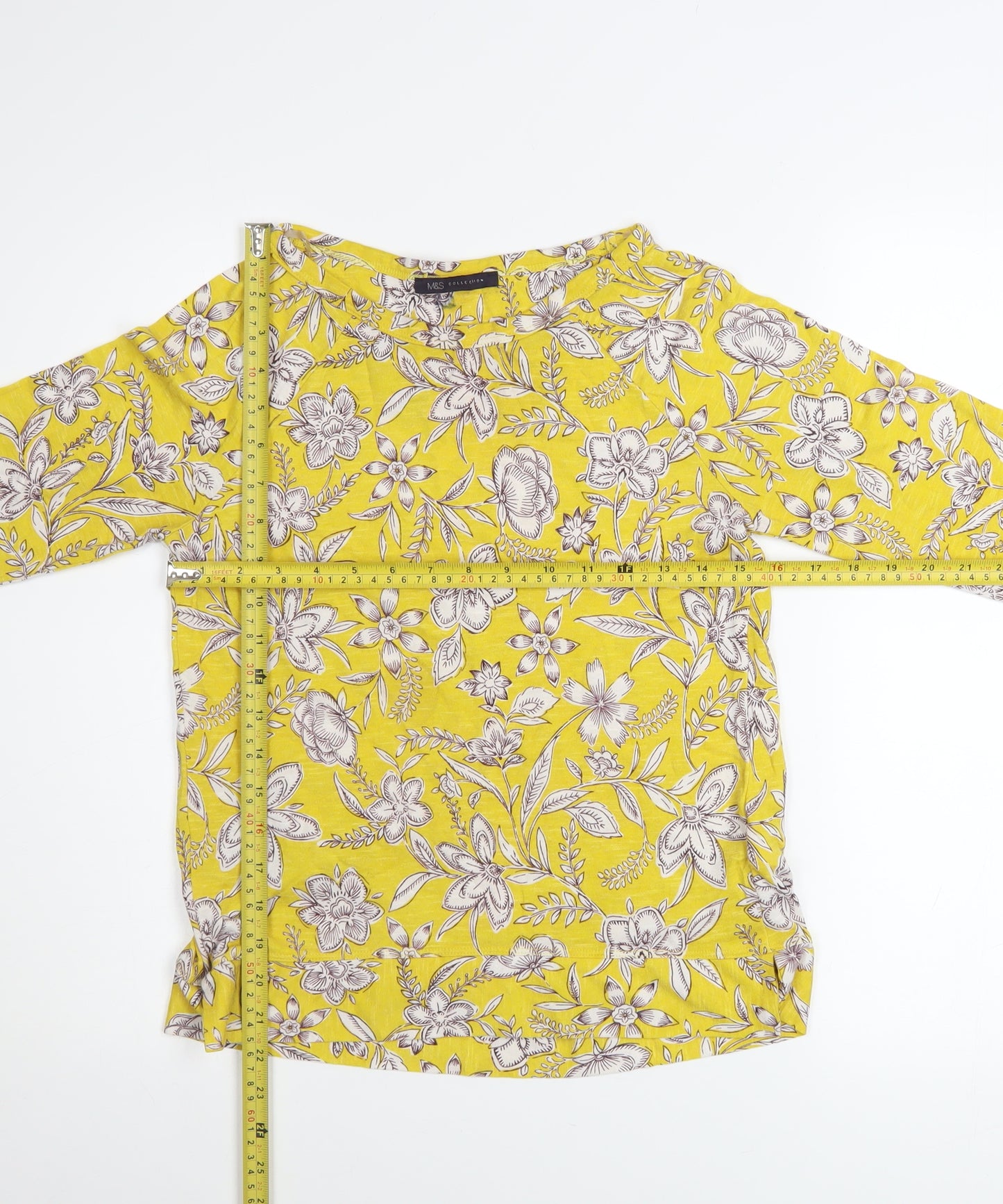 Marks and Spencer Women Yellow Floral 3/4 Sleeve Tunic T-Shirt UK 8