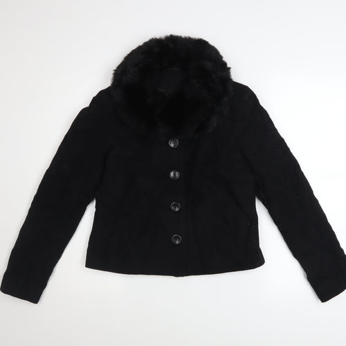 New Look Women Black Wool Blend Short Jacket with Faux Fur Collar UK 10