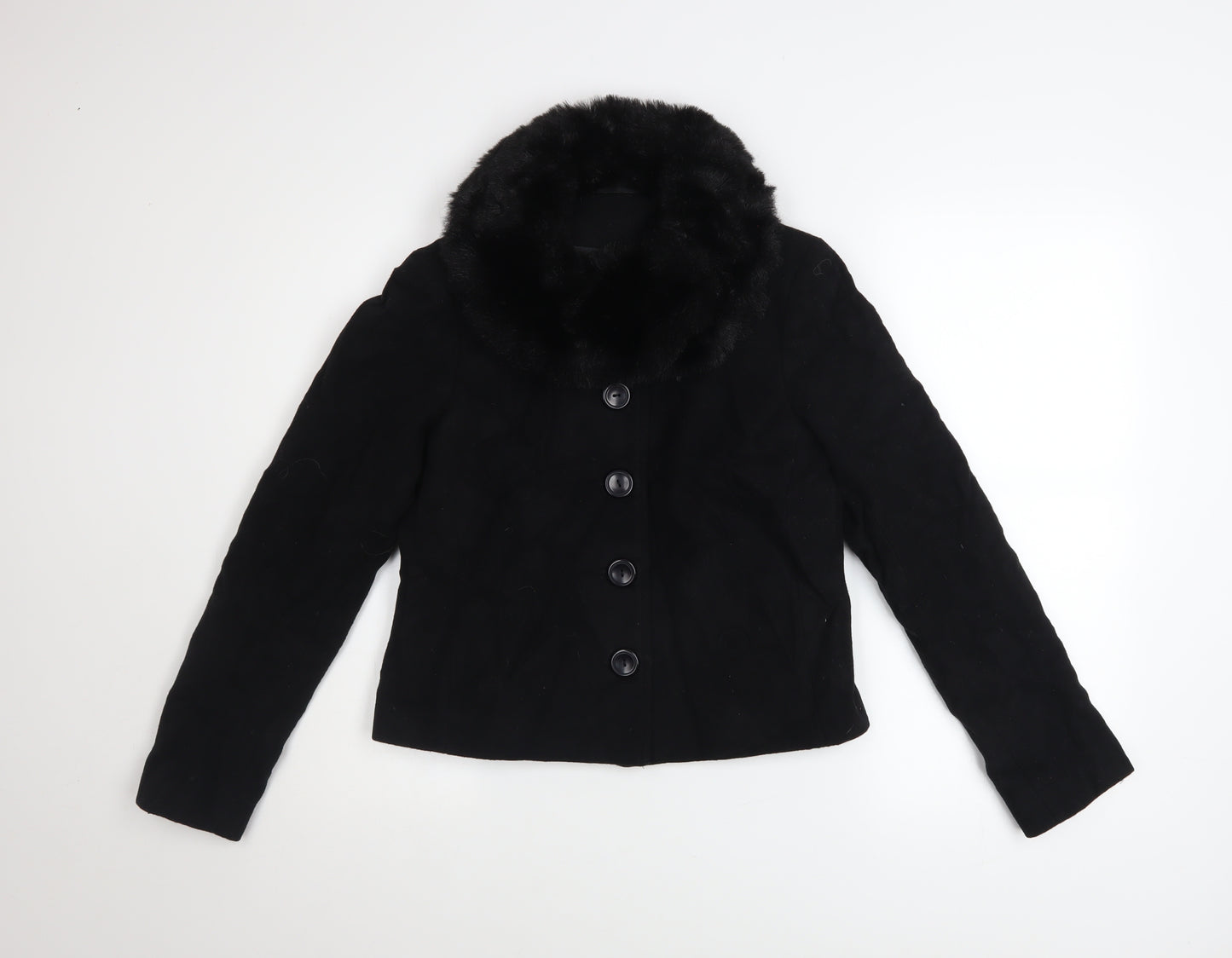 New Look Women Black Wool Blend Short Jacket with Faux Fur Collar UK 10