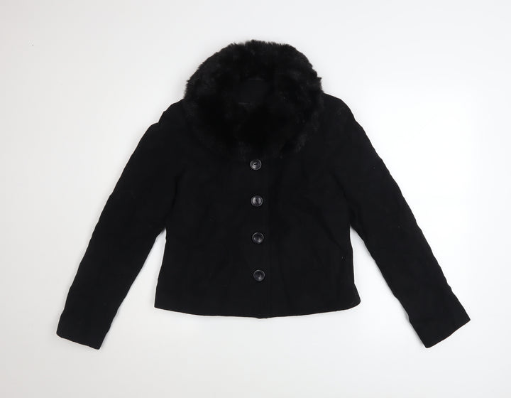 New Look Women Black Wool Blend Short Jacket with Faux Fur Collar UK 10