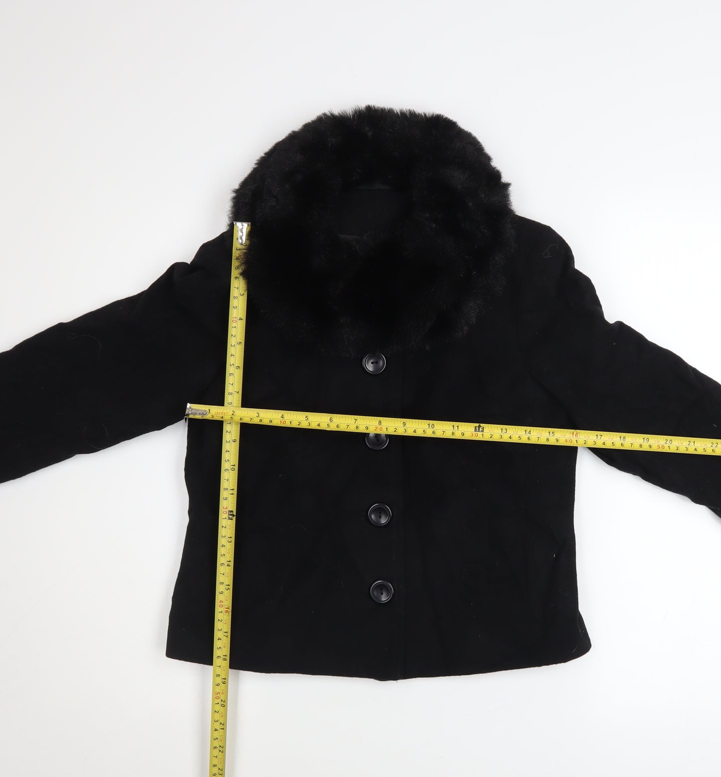 New Look Women Black Wool Blend Short Jacket with Faux Fur Collar UK 10