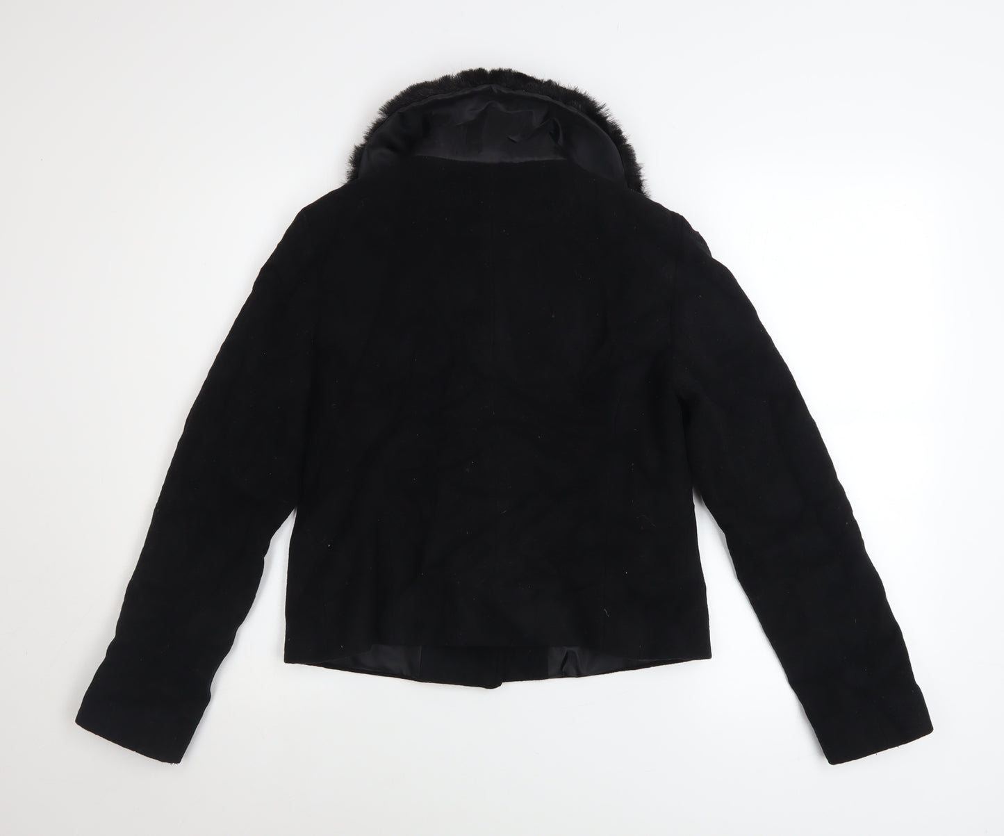 New Look Women Black Wool Blend Short Jacket with Faux Fur Collar UK 10