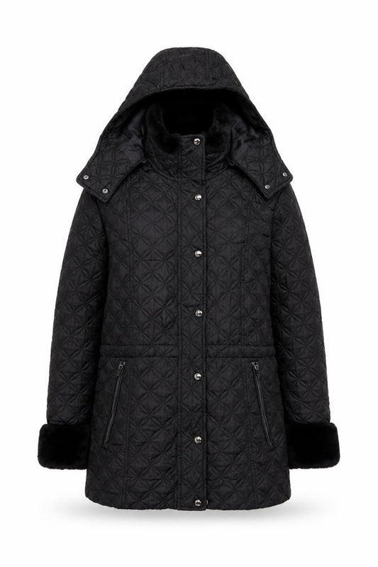Front view of Marc New York Women's Black Quilted Hooded Mid-Length Coat M