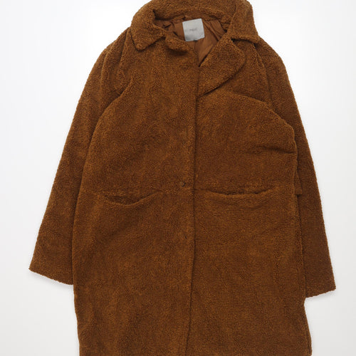 Next Women Brown Long Teddy Overcoat Size 14 Lined Polyester Coat