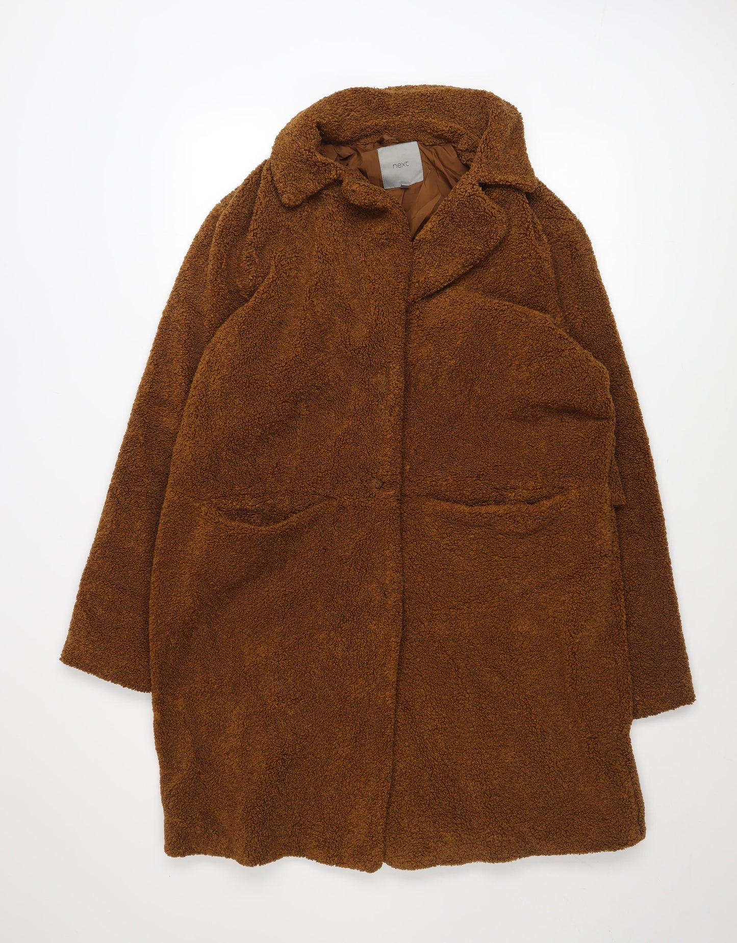 Next Women Brown Long Teddy Overcoat Size 14 Lined Polyester Coat