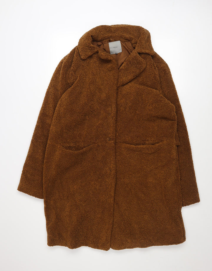 Next Women Brown Long Teddy Overcoat Size 14 Lined Polyester Coat