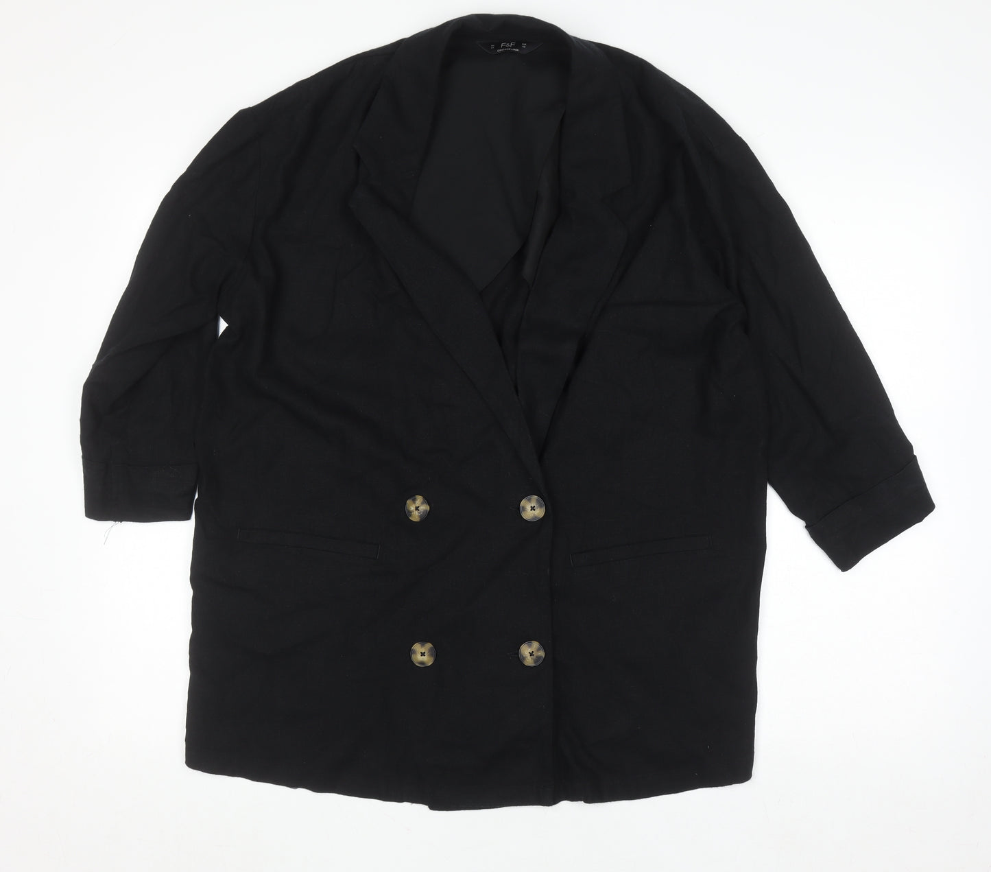 F&F Womens Black Linen Blend Double-Breasted Blazer UK 14