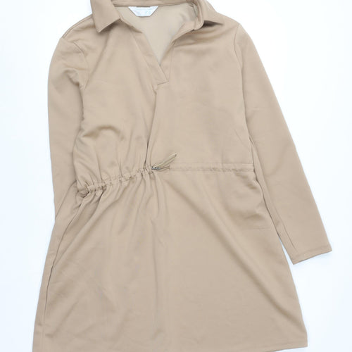 Primark Women Beige Collared Long Sleeve Shirt Dress L