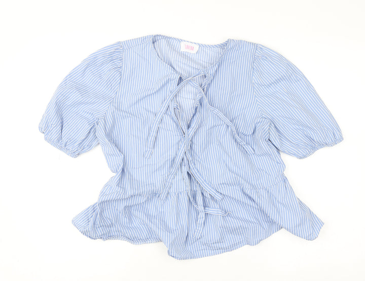 Savida Women’s Blue Striped Cotton Tunic Blouse Size 14 Puff Sleeve