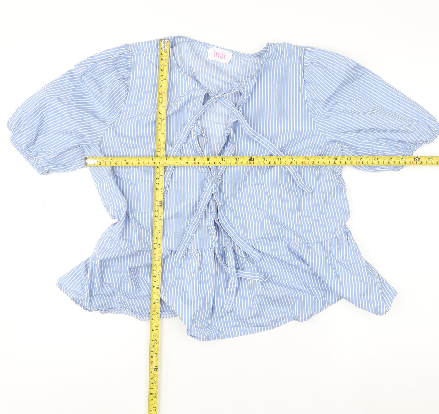 Savida Women’s Blue Striped Cotton Tunic Blouse Size 14 Puff Sleeve