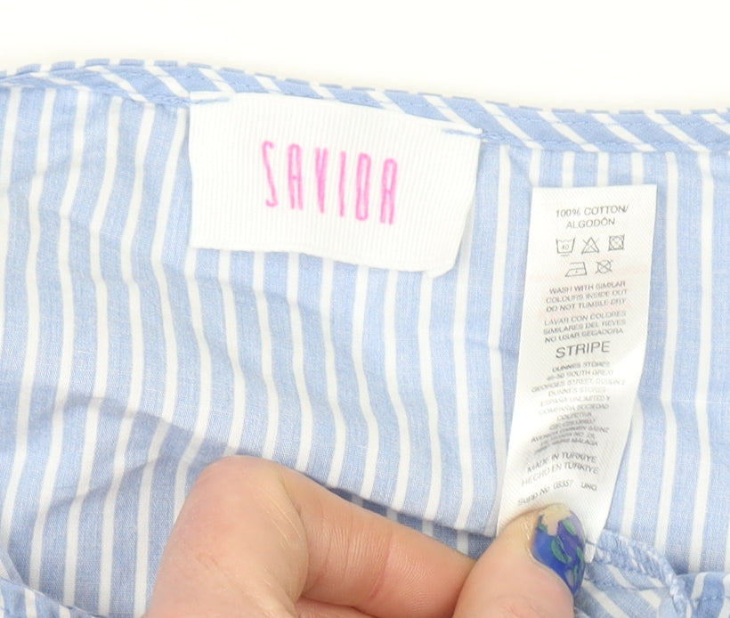 Savida Women’s Blue Striped Cotton Tunic Blouse Size 14 Puff Sleeve