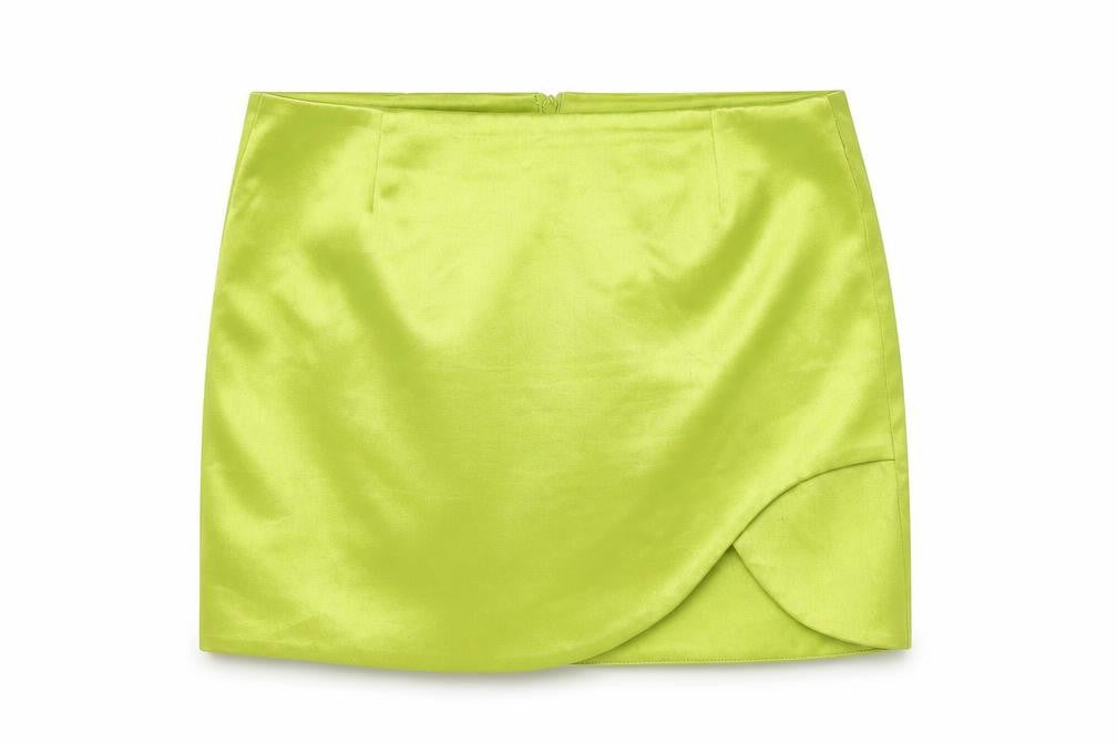 Front view of River Island women’s green short wrap satin skirt, size UK 12