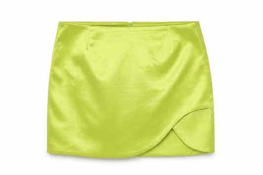 Front view of River Island women’s green short wrap satin skirt, size UK 12