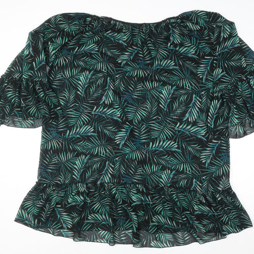 Calliope Women’s Green Leaf Print Chiffon Blouse XL Summer Ruffle Top