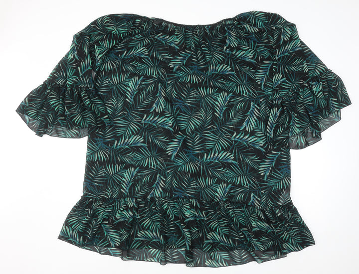 Calliope Women’s Green Leaf Print Chiffon Blouse XL Summer Ruffle Top