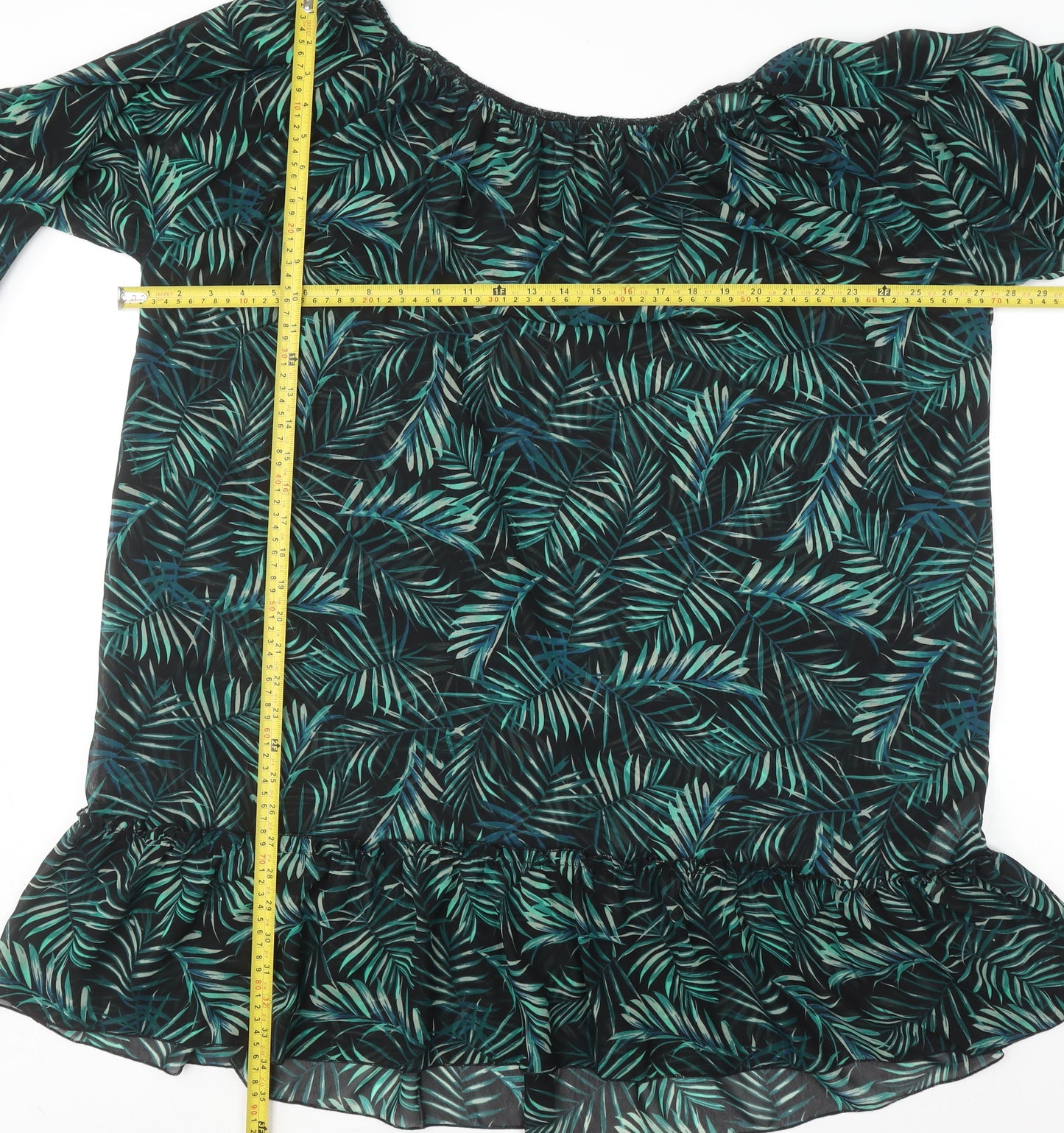 Calliope Women’s Green Leaf Print Chiffon Blouse XL Summer Ruffle Top