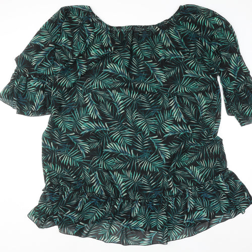 Calliope Women’s Green Leaf Print Chiffon Blouse XL Summer Ruffle Top