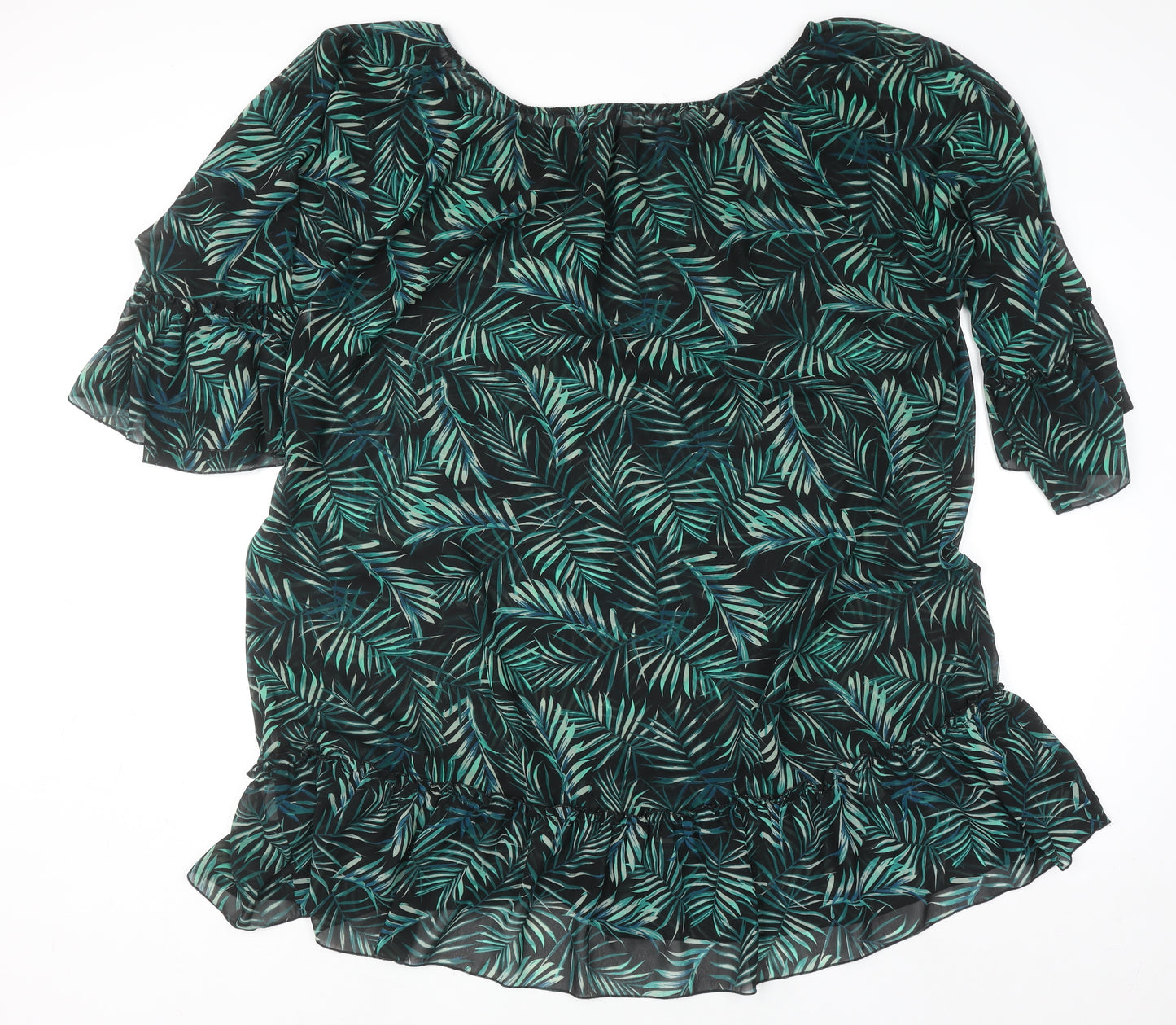 Calliope Women’s Green Leaf Print Chiffon Blouse XL Summer Ruffle Top