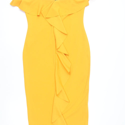 New Look Women's Yellow Off Shoulder Ruffle Bodycon Dress Size 12