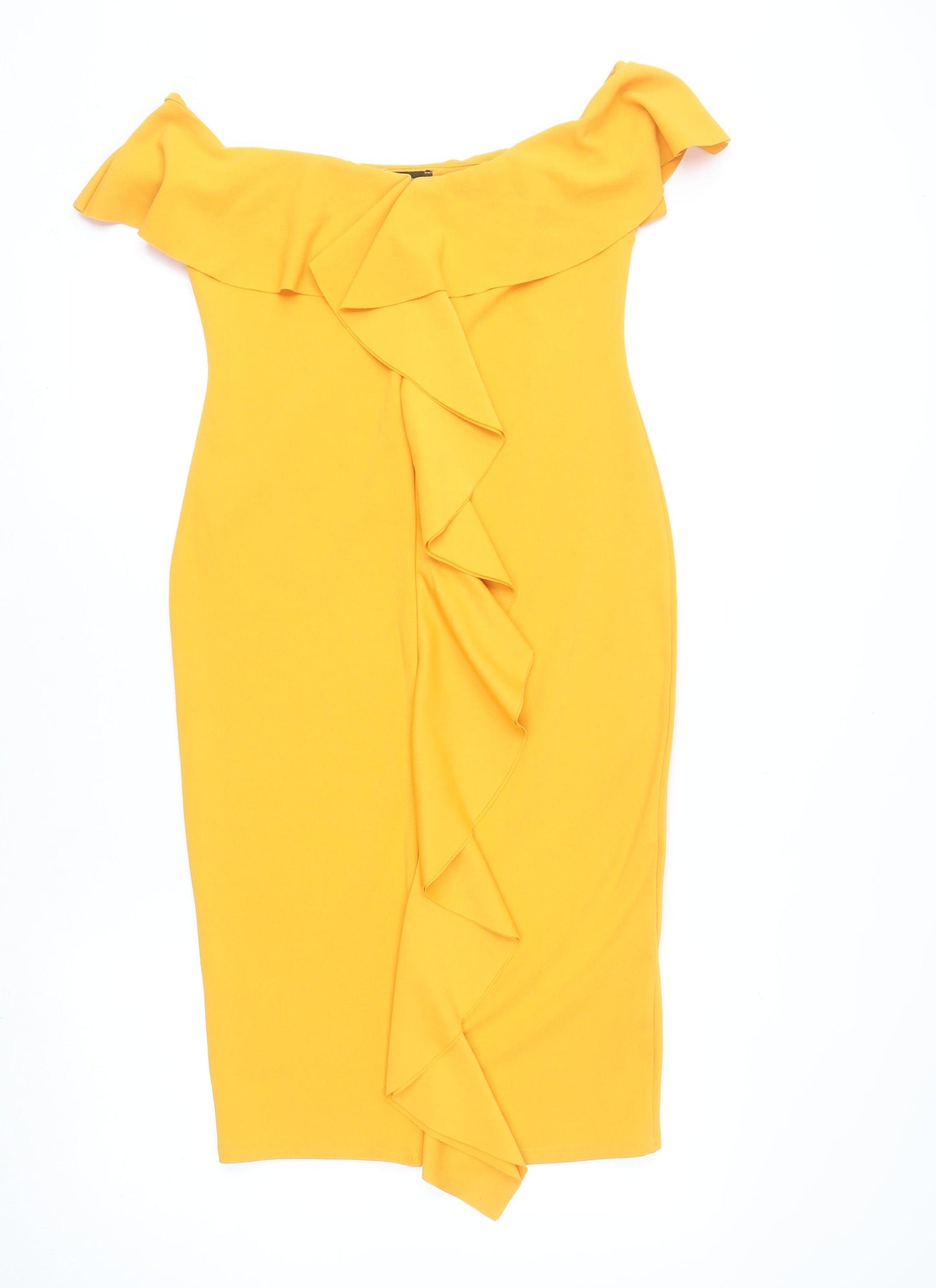 New Look Women's Yellow Off Shoulder Ruffle Bodycon Dress Size 12