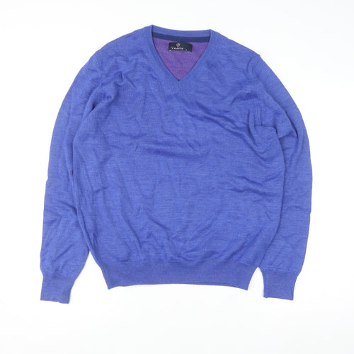 Yeats Men Blue V-Neck Merino Wool Blend Pullover Jumper M