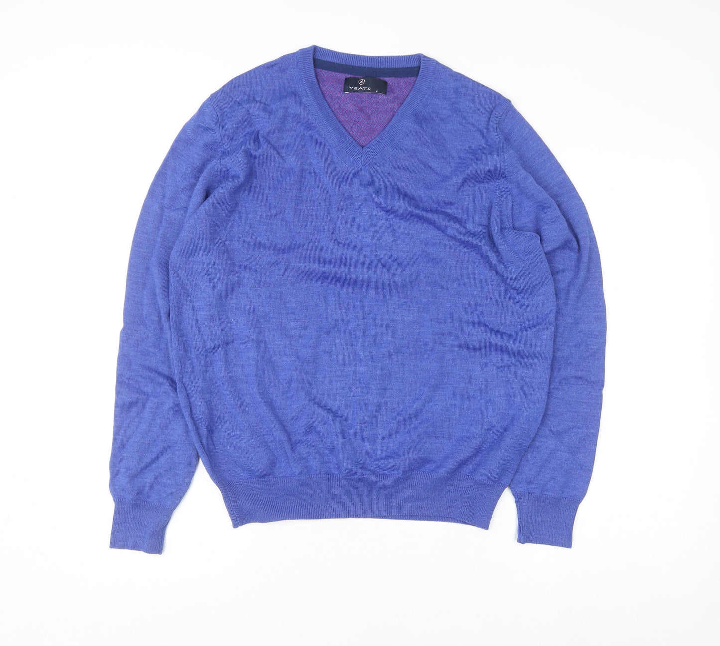Yeats Men Blue V-Neck Merino Wool Blend Pullover Jumper M