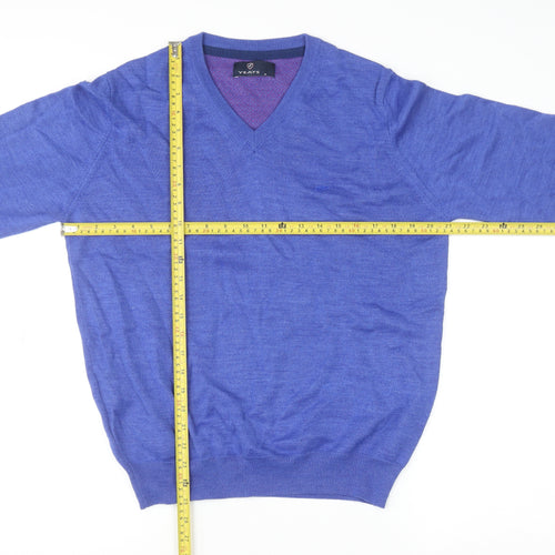Yeats Men Blue V-Neck Merino Wool Blend Pullover Jumper M
