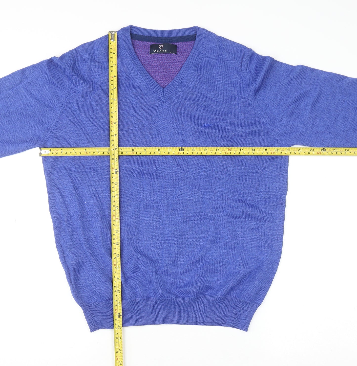 Yeats Men Blue V-Neck Merino Wool Blend Pullover Jumper M