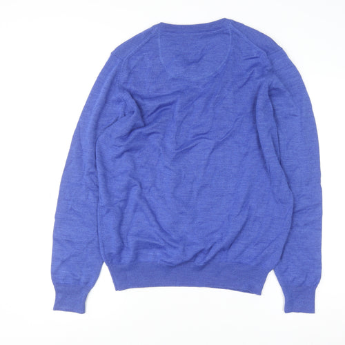 Yeats Men Blue V-Neck Merino Wool Blend Pullover Jumper M