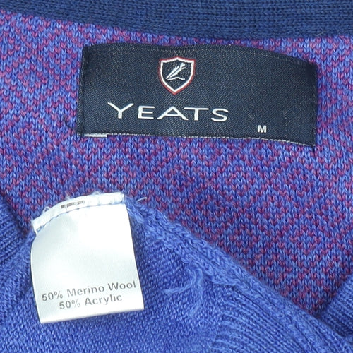 Yeats Men Blue V-Neck Merino Wool Blend Pullover Jumper M