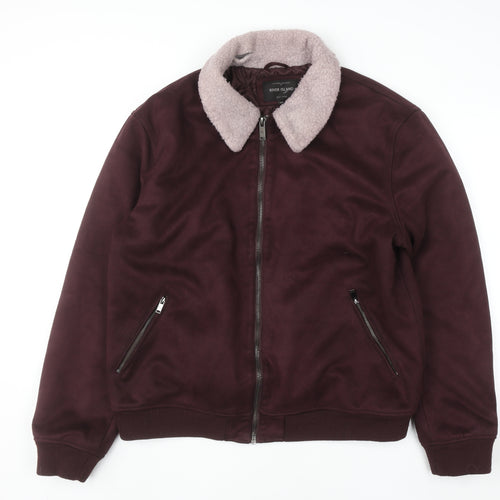 River Island Men's Brown Faux Shearling Collar Bomber Jacket Size 2XL