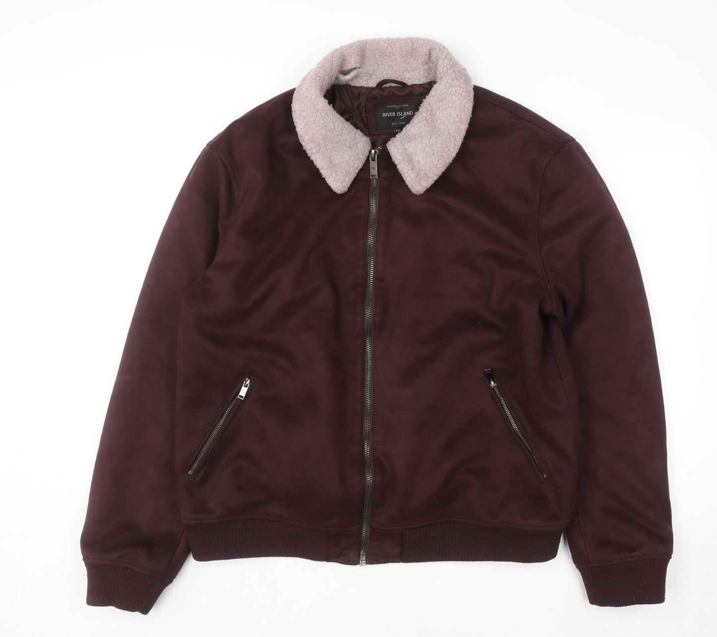 River Island Men's Brown Faux Shearling Collar Bomber Jacket Size 2XL
