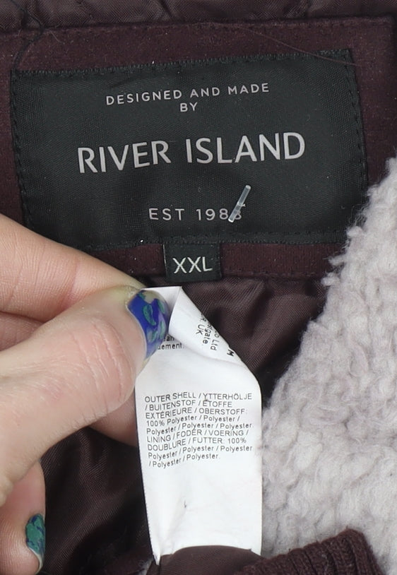 River Island Men's Brown Faux Shearling Collar Bomber Jacket Size 2XL