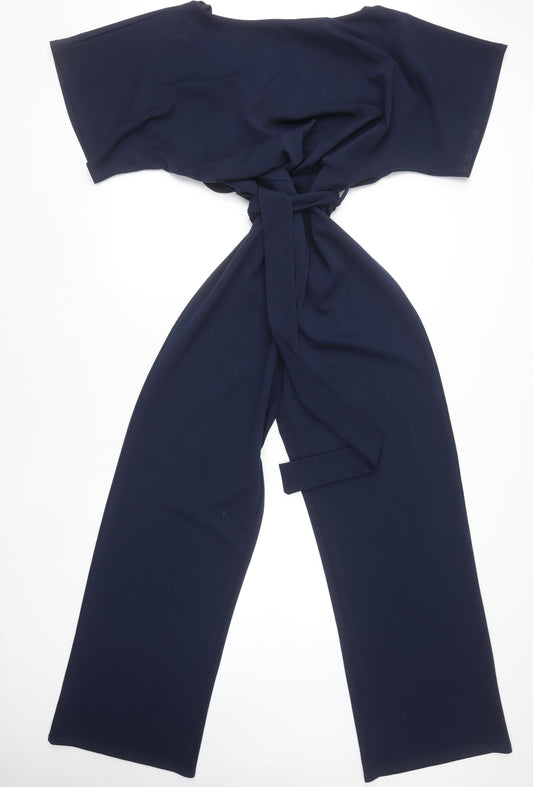 Evita Womens Navy Blue Wide Leg Belted Jumpsuit Size 14
