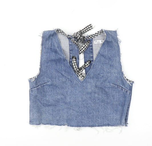 TRF IX'D Denim Makers Women's Blue Cropped Sleeveless V-Neck Lace-Up Denim Tank Top M