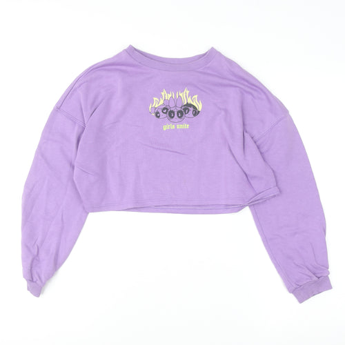 H&M Girls Purple Crop Jumper 11-12 Years Pullover Cotton Blend 'Girls Unite'