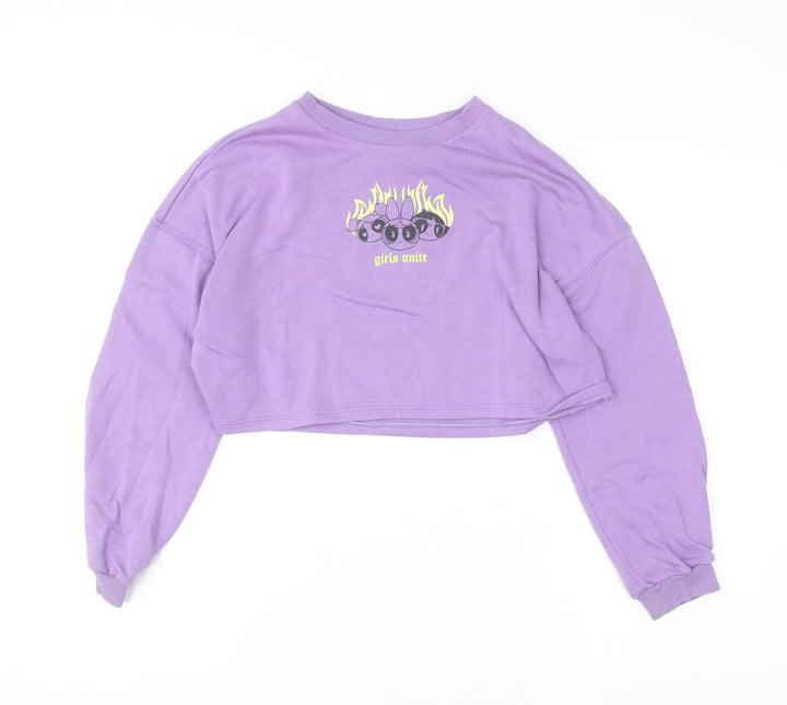 H&M Girls Purple Crop Jumper 11-12 Years Pullover Cotton Blend 'Girls Unite'
