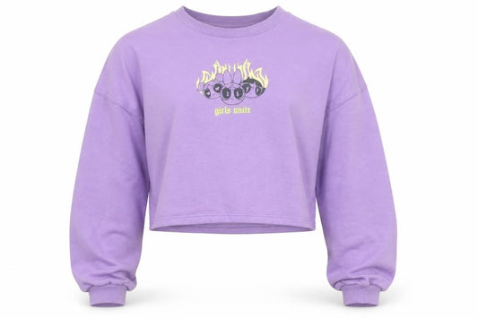 Front view of H&M girls’ purple crop jumper 11-12 years pullover cotton blend 'girls unite'