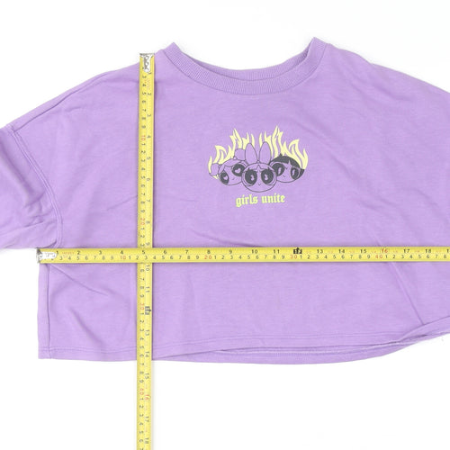 H&M Girls Purple Crop Jumper 11-12 Years Pullover Cotton Blend 'Girls Unite'
