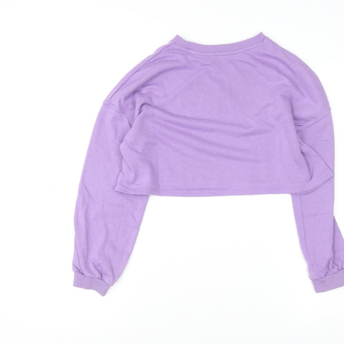 H&M Girls Purple Crop Jumper 11-12 Years Pullover Cotton Blend 'Girls Unite'