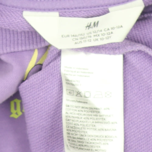 H&M Girls Purple Crop Jumper 11-12 Years Pullover Cotton Blend 'Girls Unite'