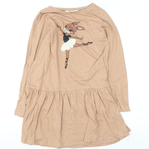 H&M Girls Beige Long Sleeve Cotton Skater Dress 9-10 Years Ballet Bunny Print