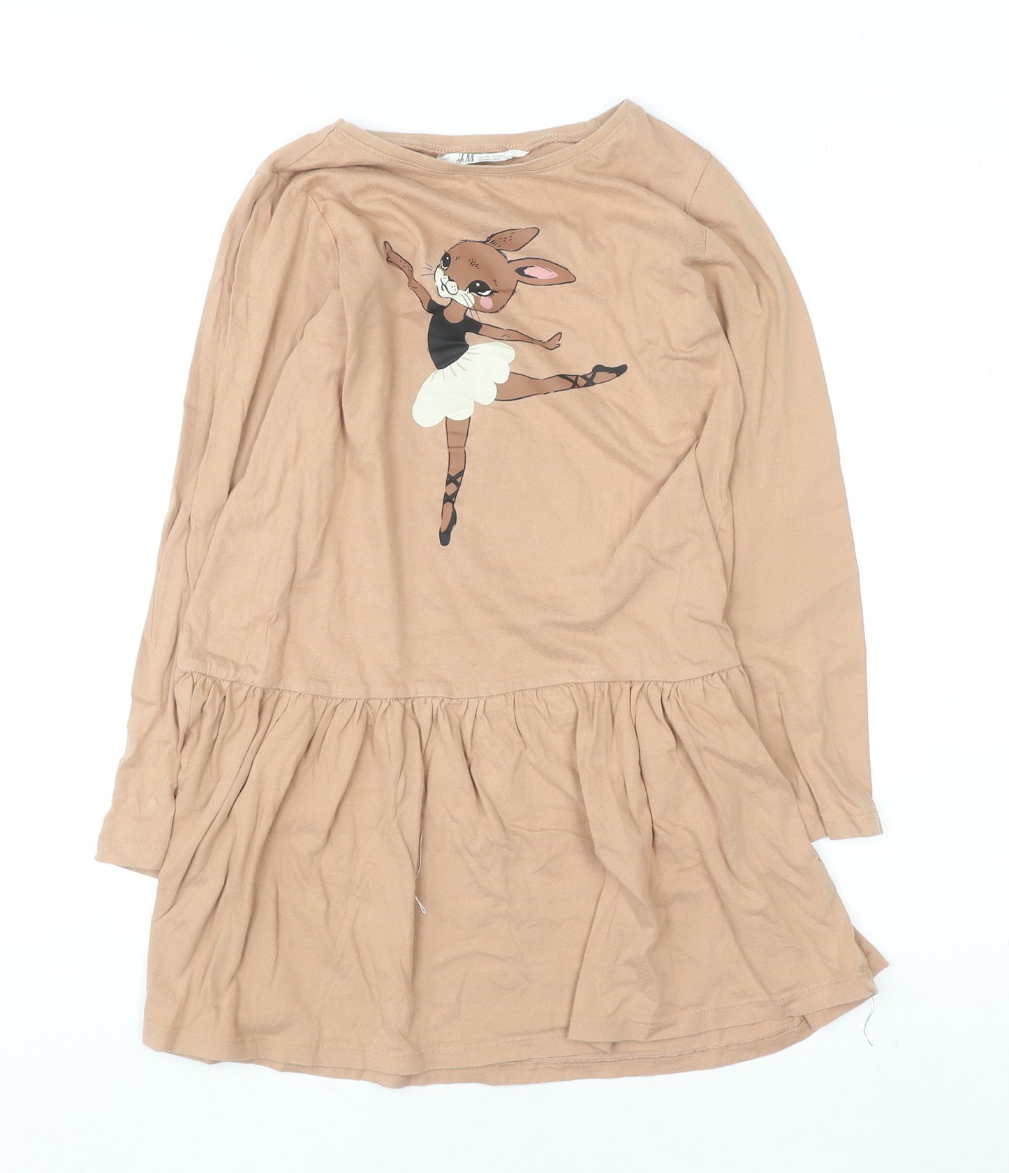 H&M Girls Beige Long Sleeve Cotton Skater Dress 9-10 Years Ballet Bunny Print