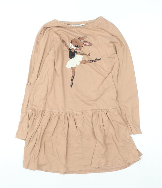 H&M Girls Beige Long Sleeve Cotton Skater Dress 9-10 Years Ballet Bunny Print