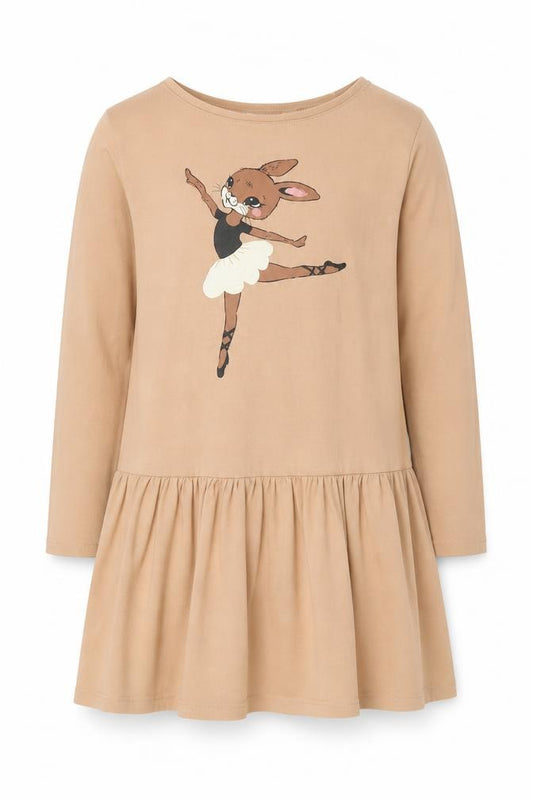 H&M Girls Beige Long Sleeve Cotton Skater Dress 9-10 Years Ballet Bunny Print