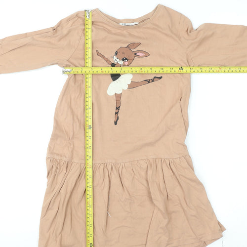 H&M Girls Beige Long Sleeve Cotton Skater Dress 9-10 Years Ballet Bunny Print