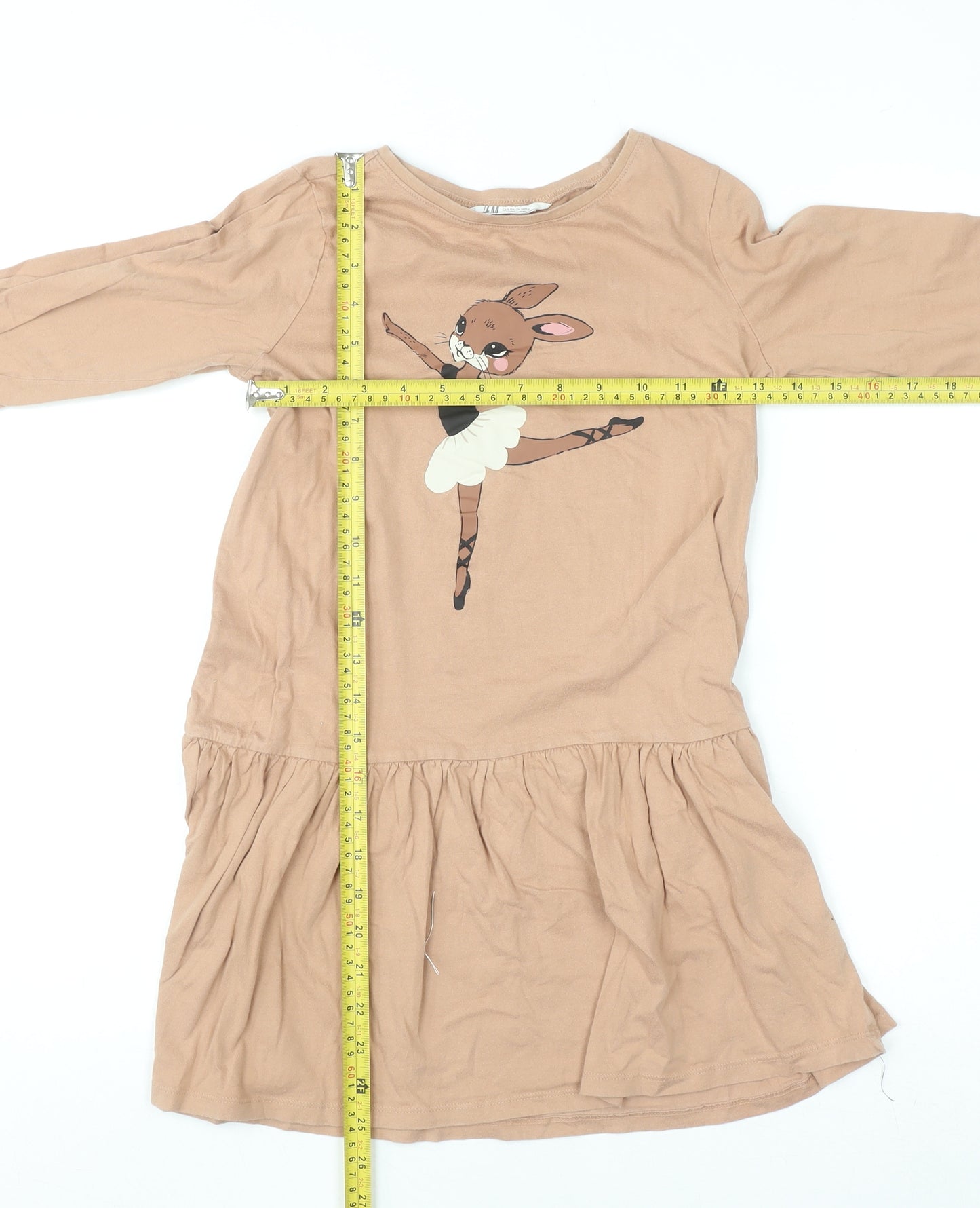 H&M Girls Beige Long Sleeve Cotton Skater Dress 9-10 Years Ballet Bunny Print