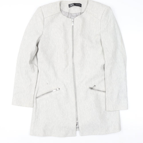Zara Women Grey Wool Blend Long Zip Coat Size 12 Classic Style