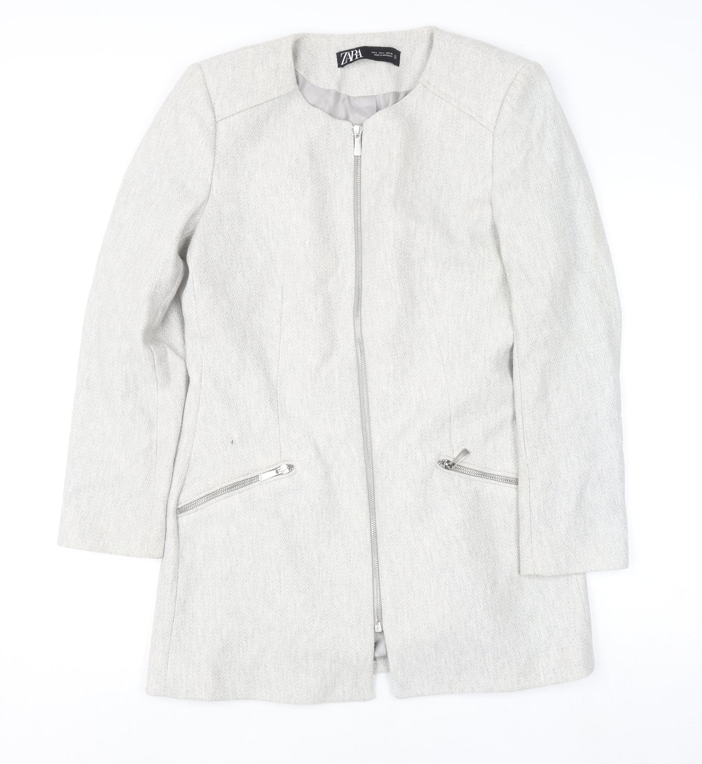Zara Women Grey Wool Blend Long Zip Coat Size 12 Classic Style